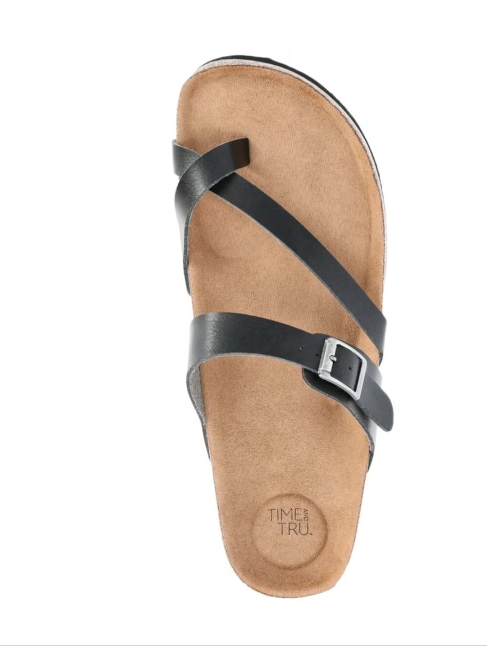 Time and Tru Black Strappy Buckle Slide with Tan Footbed